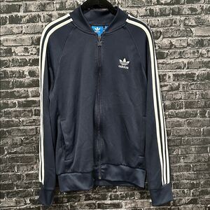 Adidas Dark Blue Zip-Up Jacket with White Stripes